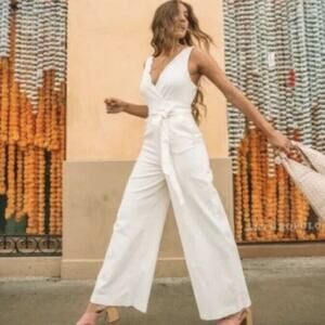 Chino By Anthro Women’s White Wrap Top Wide Leg Sleeveless Scalloped Jumpsuit 2